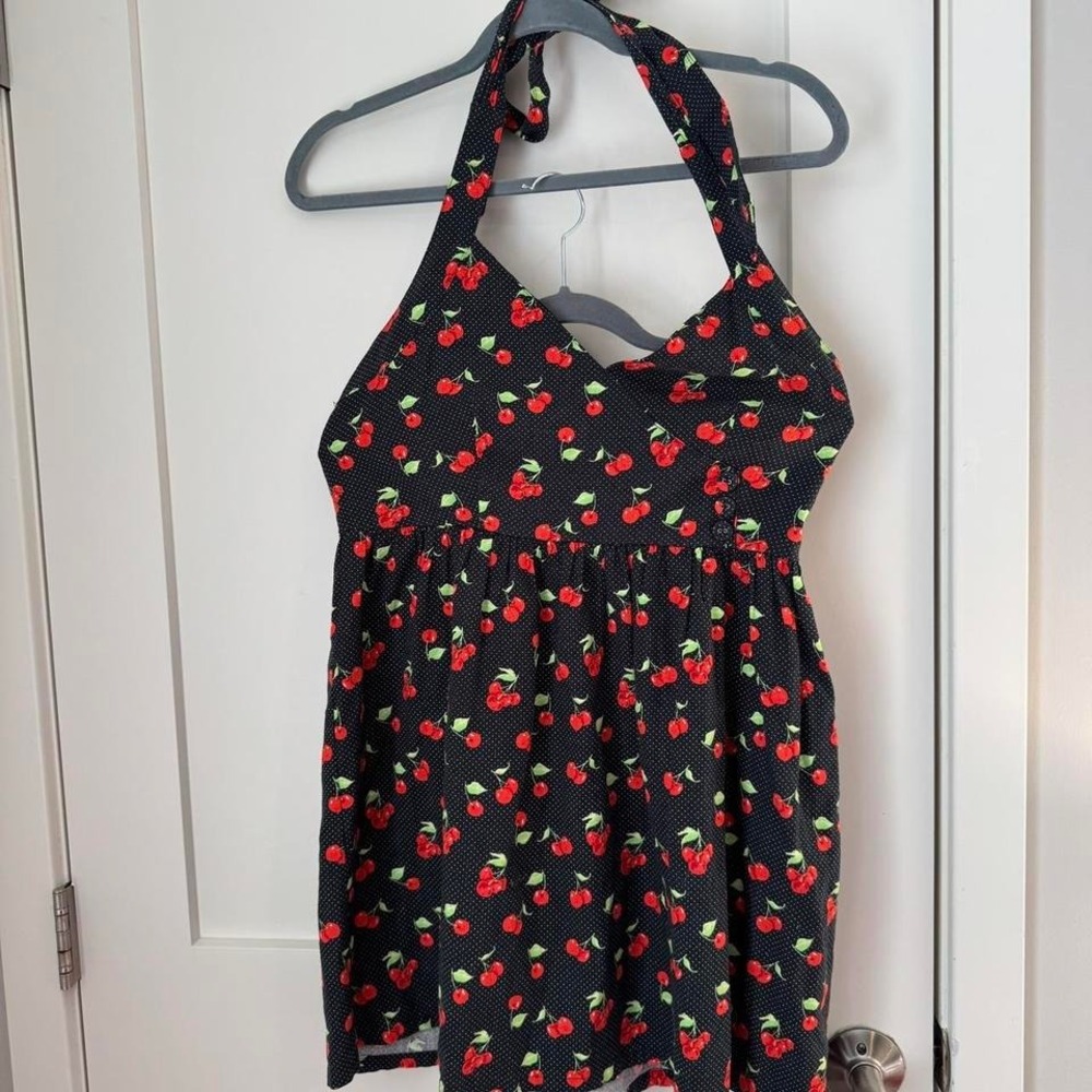 Urban Outfitters Cherry Polka Dot Halter Dress Black Red Rockabilly Medium